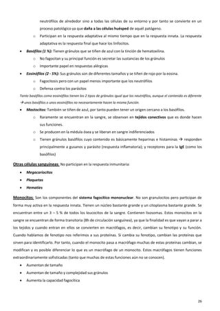 neutrófilos de alrededor sino a todas las células de su entorno y por tanto se convierte en un
                 proceso patológico ya que daña a las células huésped de aquél patógeno.
             o   Participan en la respuesta adaptativa al mismo tiempo que en la respuesta innata. La respuesta
                 adaptativa es la respuesta final que hace los linfocitos.
       Basófilos (1 %): Tienen gránulos que se tiñen de azul con la tinción de hematoxilina.
             o   No fagocitan y su principal función es secretar las sustancias de los gránulos
             o   Importante papel en respuestas alérgicas
       Eosinófilos (2 - 5%): Sus gránulos son de diferentes tamaños y se tiñen de rojo por la eosina.
             o   Fagocitosis pero con un papel menos importante que los neutrófilos
             o   Defensa contra los parásitos
    Tanto basófilos como eosinófilos tienen los 2 tipos de gránulos igual que los neutrófilos, aunque el contenido es diferente
     unos basófilos o unos eosinófilos no necesariamente hacen la misma función.
       Mastocitos: También se tiñen de azul, por tanto pueden tener un origen cercano a los basófilos.
             o   Raramente se encuentran en la sangre, se observan en tejidos conectivos que es donde hacen
                 sus funciones.
             o   Se producen en la médula ósea y se liberan en sangre indiferenciados
             o   Tienen gránulos basófilos cuyo contenido es básicamente heparinas e histaminas  responden
                 principalmente a gusanos y parásito (respuesta inflamatoria); y receptores para la IgE (como los
                 basófilos)

Otras células sanguíneas: No participan en la respuesta inmunitaria:
       Megacariocitos
       Plaquetas
       Hematíes

Monocitos: Son los componentes del sistema fagocítico mononuclear. No son granulocitos pero participan de
forma muy activa en la respuesta innata. Tienen un núcleo bastante grande y un citoplasma bastante grande. Se
encuentran entre un 3 – 5 % de todos los leucocitos de la sangre. Contienen lisosomas. Estos monocitos en la
sangre se encuentran de forma transitoria (8h de circulación sanguínea), ya que la finalidad es que vayan a parar a
los tejidos y cuando entran en ellos se convierten en macrófagos, es decir, cambian su fenotipo y su función.
Cuando hablamos de fenotipo nos referimos a sus proteínas. Si cambia su fenotipo, cambian las proteínas que
sirven para identificarlo. Por tanto, cuando el monocito pasa a macrófago muchas de estas proteínas cambian, se
modifican y es posible diferenciar lo que es un macrófago de un monocito. Estos macrófagos tienen funciones
extraordinariamente sofisticadas (tanto que muchas de estas funciones aún no se conocen).
       Aumentan de tamaño
       Aumentan de tamaño y complejidad sus gránulos
       Aumenta la capacidad fagocítica




                                                                                                                            26
 