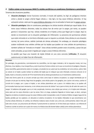 2. Tráfico celular en las mucosas (MALT) y tejidos periféricos en condiciones fisiológicas y patológicas
Tenemos dos situaciones posibles:
        Situación fisiológica: Serían funciones normales. A través del epitelio, los Ag’s de patógenos intentan
         entrar y desde la sangre arterial llegan células y más Ag’s; no hay vasos linfáticos aferentes. Si hay
         activación celular, salen por los vasos linfáticos eferentes y las no activadas lo hacen por la sangre venosa.
        Situación patológica: Sólo en condiciones patológicas las células tendrán afinidad por aquel tejido. Al no
         tener vasos linfáticos aferentes, todas las células han de entrar por la sangre, por tanto, se pueden
         generar 2 situaciones: que hay células residentes en el tejido y otras que llegan por la sangre. Aquí es
         donde se encontrarán con la situación patológica de inflamación. La presencia de quimiocinas señalan
         que están entrando en un territorio infectado y que se requiere su entrada. Estas células en una situación
         normal, tal como entran, saldrán (entrada de células activadas). Sin embargo, en situación patológica
         acaban recibiendo unas señales sufridas por los tejidos que pueden ser unas señales de quimiocinas y
         también señales de “entrada en el tejido”. Estas células también pueden estar circulando, a pesar de que
         están activadas, ya que están irrigadas por sangre y vasos linfáticos eferentes.
         Es posible que haya una invasión de tejido linfoide en una zona concreta (infiltrados  situación
         autoinmune), sin haber foco de inflamación.
Resumen:
Sin patología, los granulocitos, concretamente los neutrófilos, son de origen mieloide y de la respuesta innata, son muy
efectivas, muy rápidas y muy inespecíficas y serán la primera frontera celular con la que se encontrará el patógeno. Después,
estos neutrófilos, generalmente están en la sangre, circulando (no se cuelan por los endotelios; tal como entran, salen). Sólo
se colarán en el tejido cuando reciban las señales del tejido que le indiquen que está infectado; entonces entrarán en el
tejido, harán su función y morirán allí  el movimiento de las células granulocíticas es un movimiento unidireccional.
Todo esto forma parte de un circuito cerrado que tiene como base el sistema circulatorio. La sangre bombeada por el
corazón circula por las arterias, llega hacia los ganglios, unas células pasan a los ganglios, van a parar a las venas, vuelvan al
circuito de la sangre, van a parar al tejido; si son células plasmáticas van a parar a la médula ósea y se quedan allí
arrinconadas hasta que sean necesarias; si son células precursoras de células T van a parar al timo, de allí salen de nuevo a la
sangre. Si hablamos del ganglio, que es el más complicado, tenemos unas células que entran y si el tejido está infectado,
estas salen por los vasos eferentes o por las venas. Pero a la larga, acabamos llegando al mismo lugar, es decir, siempre
llegamos al sistema circulatorio ya que los vasos linfáticos están incorporados a este. El sistema linfático recoge el agua de los
tejidos perdida por los capilares y la devuelve al sistema circulatorio. En los tejidos infectados lo que encontramos son
muchas células efectoras. En cambio, los linfocitos maduros naive circulan una y otra vez, continuamente, todo el día, por
todo este circuito. Los precursores de linfocitos T prácticamente se asientan en el timo hasta que maduran. Los linfocitos B
maduros cuando se activan van a parar de nuevo a la médula ósea (de donde habían salido) como células plasmáticas.




                                                                                                                               45
 
