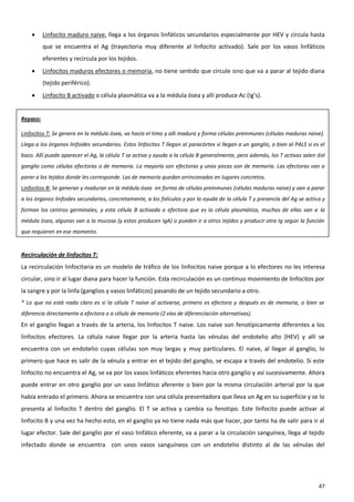      Linfocito maduro naive, llega a los órganos linfáticos secundarios especialmente por HEV y circula hasta
          que se encuentra el Ag (trayectoria muy diferente al linfocito activado). Sale por los vasos linfáticos
          eferentes y recircula por los tejidos.
         Linfocitos maduros efectores o memoria, no tiene sentido que circule sino que va a parar al tejido diana
          (tejido periférico).
         Linfocito B activado o célula plasmática va a la médula ósea y allí produce Ac (Ig’s).


Repaso:

Linfocitos T: Se genera en la médula ósea, va hacia el timo y allí madura y forma células preinmunes (células maduras naive).
Llega a los órganos linfoides secundarios. Estos linfocitos T llegan al paracórtex si llegan a un ganglio, o bien al PALS si es el
bazo. Allí puede aparecer el Ag, la célula T se activa y ayuda a la célula B generalmente, pero además, las T activas salen del
ganglio como células efectoras o de memoria. La mayoría son efectoras y unas pocas son de memoria. Las efectoras van a
parar a los tejidos donde les corresponde. Las de memoria quedan arrinconadas en lugares concretos.
Linfocitos B: Se generan y maduran en la médula ósea en forma de células preinmunes (células maduras naive) y van a parar
a los órganos linfoides secundarios, concretamente, a los folículos y por la ayuda de la célula T y presencia del Ag se activa y
forman los centros germinales, y esta célula B activada o efectora que es la célula plasmática, muchas de ellas van a la
médula ósea, algunas van a la mucosa (y estas producen IgA) o pueden ir a otros tejidos y producir otra Ig según la función
que requieren en ese momento.


Recirculación de linfocitos T:
La recirculación linfocitaria es un modelo de tráfico de los linfocitos naive porque a lo efectores no les interesa
circular, sino ir al lugar diana para hacer la función. Esta recirculación es un continuo movimiento de linfocitos por
la sangre y por la linfa (ganglios y vasos linfáticos) pasando de un tejido secundario a otro.
* Lo que no está nada claro es si la célula T naive al activarse, primero es efectora y después es de memoria, o bien se
diferencia directamente a efectora o a célula de memoria (2 vías de diferenciación alternativas).
En el ganglio llegan a través de la arteria, los linfocitos T naive. Los naive son fenotípicamente diferentes a los
linfocitos efectores. La célula naive llegar por la arteria hasta las vénulas del endotelio alto (HEV) y allí se
encuentra con un endotelio cuyas células son muy largas y muy particulares. El naive, al llegar al ganglio, lo
primero que hace es salir de la vénula y entrar en el tejido del ganglio, se escapa a través del endotelio. Si este
linfocito no encuentra el Ag, se va por los vasos linfáticos eferentes hacia otro ganglio y así sucesivamente. Ahora
puede entrar en otro ganglio por un vaso linfático aferente o bien por la misma circulación arterial por la que
había entrado el primero. Ahora se encuentra con una célula presentadora que lleva un Ag en su superficie y se lo
presenta al linfocito T dentro del ganglio. El T se activa y cambia su fenotipo. Este linfocito puede activar al
linfocito B y una vez ha hecho esto, en el ganglio ya no tiene nada más que hacer, por tanto ha de salir para ir al
lugar efector. Sale del ganglio por el vaso linfático eferente, va a parar a la circulación sanguínea, llega al tejido
infectado donde se encuentra con unos vasos sanguíneos con un endotelio distinto al de las vénulas del




                                                                                                                               47
 