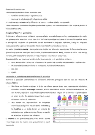 Receptores de quimiocinas:
Las quimiocinas se unen a ciertos receptores para
       Controlar la redundancia y la promiscuidad
       Aumentar la selectividad del reclutamiento celular
La estructura se conserva entre los diferentes receptores y están acoplados a proteínas G.
Tienen un dominio transmembrana por el que se une el ligando y una cola citoplasmática por la que se produce la
transducción de señal.

Receptores “decoy” de quimiocinas
El sistema es suficientemente inteligente como para haber generado lo que son los receptores decoy los cuales
son iguales que los anteriores (sobre todo en la unión del ligando) pero no generan una señal intracelular. Estos
se encargan de secuestrar las quimiocinas con tal de modular la respuesta. Por tanto, si hay una respuesta
excesiva o ya se ha superado la infección, el sistema se ha de frenar de alguna manera.
Hay varios receptores decoy y tienen diferente afinidad por diferentes quimiocinas, de forma que la misma
quimiocina que se une al receptor de activación, cuando se expresan los decoy, también se unirán a los decoy y
por tanto, ambos receptores compiten por la quimiocina y así se modula la respuesta.
Grupos de células que hacen una función similar tienen receptores de quimiocinas similares.
       DARC: en endotelio y eritrocitos así inmoviliza las quimiocinas y pueden ser presentadas a los leucocitos
       D6: expresado constitutivamente en el endotelio. Función antiinflamatoria.
       CCX-CKR
       CXCR7

Distribución de los receptores en subpoblaciones de leucocitos
Dentro de la población CD4 tenemos dos poblaciones diferentes principales (son dos tipos de T helpers 
linfocito T CD4+):
       Th1: Tiene una función próxima a la de los macrófagos, ya que tienen unos receptores de quimiocinas
        comunes a los de los macrófagos. Por tanto, estarán ambos en las mismas zonas donde se necesiten. De
        esta manera, algunas de las quimiocinas (mirar nomenclatura antigua con la actual de CCL) son capaces
        de atraer a estas dos poblaciones por igual porque
        comparten muchos de receptores.
       Th2: Tienen una representación de receptores
        diferentes que se parece más a la de los eosinófilos y
        los basófilos y por tanto, tienen un conjunto de
        quimiocinas que actúan en común. Tienen un patrón
        de receptores de quimiocinas diferente.
La eotaxina es una quimiocina que no podría atraer a las Th1
y macrófagos pero sí a muchas otras ya que tienen un papel
importante.


                                                                                                                    64
 