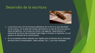 Desarrollo de la escritura



La escritura nace con los primeros pobladores de la tierra ya que dibujaban
en las cuevas, con el paso del tiempo aprendieron un tipo de escritura que se
llama jeroglíficos, con el paso los chinos y los egipcios desarrollaron un
sistema de escritura más avanzado hasta llegar a inventar la imprenta, la cual
ayudo a la difusión de la comunicación.



En la actualidad existen métodos mar rápidos para la difusión de los mensajes
escritos como la computadora, redes sociales, etc.; y son mas utilizados.

 