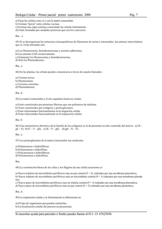 Biología Celular – Primer parcial: primer cuatrimestre 2000 Pág. 7
Si necesitas ayuda para parciales o finales puedes llamar al 011–15–67625436
a) Fijan las células entre sí o con la matriz extracelular.
b) Forman "poros" entre células vecinas.
c) Forman una capa continua conectando las células íntimamente.
d) Están formadas por unidades proteicas que son los conexores.
Rta.: a
43) Si se desorganizan las estructura citoesqueléticas de filamentos de actina e intermedios, las uniones intercelulares
que se verán alteradas son:
a) Los Desmosomas, hemidesmosomas y uniones adherentes.
b) Las uniones GAP exclusivamente.
c) Solamente los Desmosomas y hemidesmosomas.
d) Solo los Plasmodesmos.
Rta.: a
44) En las plantas, las células pueden comunicarse a través de canales llamados:
a) Uniones nexus.
b) Desmosomas.
c) Uniones estrechas.
d) Plasmodesmos.
Rta.: d
45) La matriz extracelular y el cito esqueleto tienen en común:
a) Estar constituidos por proteínas fibrosas que son polímeros de tubulina.
b) Estar constituidos por colágeno y proteoglucanos.
c) Estar relacionados funcionalmente en la migración celular.
d) Estar relacionados funcionalmente en la respiración celular.
Rta.: b
46) Una característica distintiva de la familia de los colágenos es la de presentar un alto contenido del motivo: a) (X –
gli – Y). b) (Y – Y – gli). c) (X – Y – gli). d) (gli – X – Y).
Rta.: a
47) Los proteoglucanos de la matriz extracelular son moléculas:
a) Polianionicas e hidrofóbicas.
b) Polianionicas e hidrofilitas.
c) Policationicas e hidrofóbicas.
d) Policationicas e hidrofilitas.
Rta.:
48) La constitución básica de las cilias y los flagelos de una célula eucarionte es:
a) Nueve tripletes de microtúbulos periféricos mas un par central (9 + 2), rodeados por una membrana plasmática.
b) Nueve tripletes de microtúbulos periféricos más un microtúbulo central (9 + 1) rodeados por una membrana plasmá-
tica.
c) Nueve pares de microtúbulos periféricos mas un triplete central (9 + 3) rodeados por una membrana plasmática.
d) Nueve pares de microtúbulos periféricos mas un par central (9 + 2) rodeados por una membrana plasmática.
Rta.: d
49) La respiración celular y la fermentación se diferencian en:
a) El tipo de organismos que pueden realizarlas.
b) La localización celular del proceso en procariotas.
 