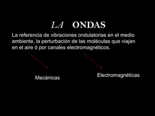 LA ONDAS
La referencia de vibraciones ondulatorias en el medio
ambiente, la perturbación de las moléculas que viajan
en el aire ó por canales electromagnéticos.




                                    Electromagnéticas
         Mecánicas
 