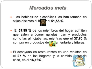 Mercados meta.
 Las bebidas no alcohólicas las han tomado en
sitios distintos al hogar el 51,55 %.
 El 37,99 % de los miembros del hogar admiten
que salen a comer galletas, pan y productos
como las almojábanas, mientras que el 37,70 %
compra en productos de salsamentaría y frituras.
 El desayuno en restaurantes es una realidad en
el 27 % de los hogares y la comida fuera de
casa, en el 16,16%.
 
