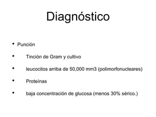 Diagnóstico
• Punción
• Tinción de Gram y cultivo
• leucocitos arriba de 50,000 mm3 (polimorfonucleares)
• Proteínas
• baja concentración de glucosa (menos 30% sérico.)
 