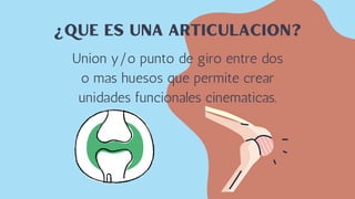 ¿Que es una articulacion?
Union y/o punto de giro entre dos
o mas huesos que permite crear
unidades funcionales cinematicas.
 