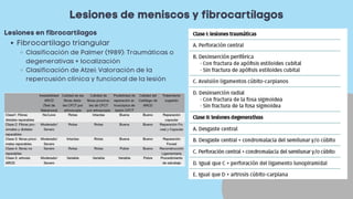 Lesiones de meniscos y fibrocartílagos
Fibrocartílago triangular
Clasificación de Palmer (1989): Traumáticas o
degenerativas + localización
Clasificación de Atzei: Valoración de la
repercusión clínica y funcional de la lesión
Lesiones en fibrocartílagos
 