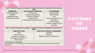Consejo de Salubridad General. Diagnóstico y tratamiento de osteoartrosis en rodilla GPC. México: Gobierno Federal; 2014.
FACTORES
DE
RIESGO
 