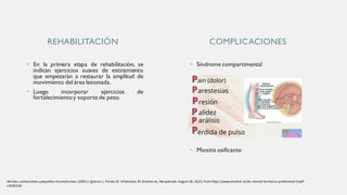 REHABILITACIÓN
• En la primera etapa de rehabilitación, se
indican ejercicios suaves de estiramiento
que empezarán a restaurar la amplitud de
movimiento del área lesionada.
• Luego incorporar ejercicios de
fortalecimientoy soporte de peso.
• Síndrome compartimental
• Miositis osificante
COMPLICACIONES
Heridas,contusiones y pequeños traumatismos.(2002.).Iglesias,L. Pardo,M. Villanueva,M.Elsevier.es. Recuperado August 28, 2023, from https://www.elsevier.es/es-revista-farmacia-profesional-3-pdf-
13036530
 