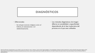 DIAGNÓSTICOS
• Diferenciales
• Se incluyen tumores malignos como el
linfoma, el osteosarcoma o el
rabdomiosarcoma.
• Los métodos diagnósticos de imagen
difieren en sensibilidad y especificidad
dependiendo de la fase madurativa del
proceso en el que sean utilizados
Miositisosificante.A propósito de un caso.(2022). Juncal,M. Simón, M. Vaca,P. Martín, S. Servicio de Cirugía ortopédica y Traumatología.Complejo Asistencial deZamora.Zamora (España).Recuperado Agosto 2023.
https://www.saludcastillayleon.es/CAZamora/es/publicaciones/revista-nuevo-hospital-2022/nuevo-hospital-2022-febrero-xviii-1/barrio-velasco-mj-simon-ochoa-m-vaca-fernandez-pl-martin-bl.ficheros/2104279-
NUEVOHOSPITAL
 