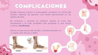 Puede volverse crónica o prolongada y producir la rotura del
tendón; además de generar una lesión permanente en los
tejidos de este.
COMPLICACIONES
En ancianos y quienes no realizan reposo se cura más
lentamente y es más probable que progrese a una forma
crónica. (tendinosis)
Afecta la estructura del tendón, transformándolo en
un tejido más fibroso y débil.
 