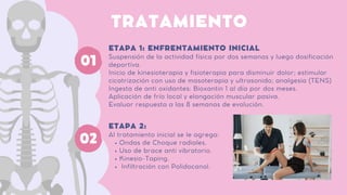 TRATAMIENTO
01 Suspensión de la actividad física por dos semanas y luego dosificación
deportiva.
Inicio de kinesioterapia y fisioterapia para disminuir dolor; estimular
cicatrización con uso de masoterapia y ultrasonido; analgesia (TENS)
Ingesta de anti oxidantes: Bioxantin 1 al día por dos meses.
Aplicación de frío local y elongación muscular pasiva.
Evaluar respuesta a las 8 semanas de evolución.
ETAPA 1: ENFRENTAMIENTO INICIAL
Ondas de Choque radiales.
Uso de brace anti vibratorio.
Kinesio-Taping.
Infiltración con Polidocanol.
Al tratamiento inicial se le agrega:
ETAPA 2:
02
 