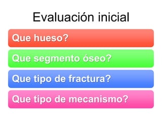 Evaluación inicial
Que hueso?
Que segmento óseo?
Que tipo de fractura?
Que tipo de mecanismo?
 