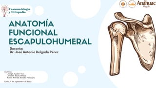 ANATOMÍA
FUNCIONAL
ESCAPULOHUMERAL
Docente:
Dr. José Antonio Delgado Pérez
Joseph Aguilar Tzuc
Jennifer Reyes Betaza
Karen Pamela Rosado Velázquez
Alumnos:
Lunes, 4 de septiembre de 2023.
Traumatología
y Ortopedia
 