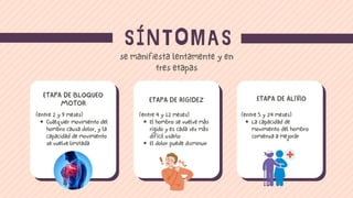 SÍNTOMAS
ETAPA DE BLOQUEO
MOTOR ETAPA DE RIGIDEZ ETAPA DE ALIVIO
Cualquier movimiento del
hombro causa dolor, y la
capacidad de movimiento
se vuelve limitada
(entre 2 y 9 meses)
se manifiesta lentamente y en
tres etapas
El hombro se vuelve más
rígido y es cada vez más
difícil usarlo
El dolor puede disminuir
(entre 4 y 12 meses)
La capacidad de
movimiento del hombro
comienza a mejorar
(entre 5 y 24 meses)
 