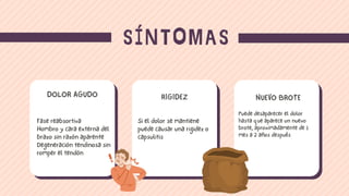 SÍNTOMAS
DOLOR AGUDO RIGIDEZ NUEVO BROTE
Fase reabsortiva
Hombro y cara externa del
brazo sin razón aparente
Degeneración tendinosa sin
romper el tendón
Si el dolor se mantiene
puede causar una rigidez o
capsulitis
Puede desaparecer el dolor
hasta que aparece un nuevo
brote, aproximadamente de 1
mes a 2 años después
 