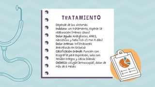 Depende de los síntomas
Indoloro: sin tratamiento, esperar la
reabsroción (menos casos)
Dolor agudo: Analgésicos, AINES,
narcóticos y hielo (10-15 min 4 días)
Dolor intenso: Infiltraciones
anestésicas en la bolsa
Calcificación Grande: Punción con
ecografía para aspiración, solo con
tendón íntegro y calcio blando
CRÓNICO: cirugía (artroscopia), dolor de
más de 6 meses
TRATAMIENTO
 