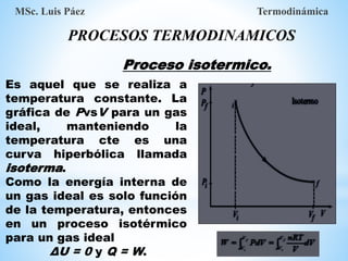 MSc. Luis Páez Termodinámica
PROCESOS TERMODINAMICOS
Proceso isotermico.
Es aquel que se realiza a
temperatura constante. La
gráfica de PvsV para un gas
ideal, manteniendo la
temperatura cte es una
curva hiperbólica llamada
isoterma.
Como la energía interna de
un gas ideal es solo función
de la temperatura, entonces
en un proceso isotérmico
para un gas ideal
ΔU = 0 y Q = W.
 