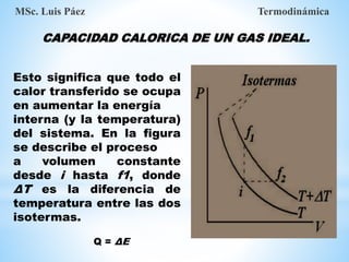 CAPACIDAD CALORICA DE UN GAS IDEAL.
MSc. Luis Páez Termodinámica
Esto significa que todo el
calor transferido se ocupa
en aumentar la energía
interna (y la temperatura)
del sistema. En la figura
se describe el proceso
a volumen constante
desde i hasta f1, donde
ΔT es la diferencia de
temperatura entre las dos
isotermas.
Q = ΔE
 