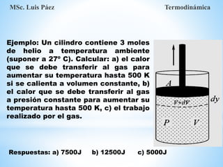MSc. Luis Páez Termodinámica
Ejemplo: Un cilindro contiene 3 moles
de helio a temperatura ambiente
(suponer a 27º C). Calcular: a) el calor
que se debe transferir al gas para
aumentar su temperatura hasta 500 K
si se calienta a volumen constante, b)
el calor que se debe transferir al gas
a presión constante para aumentar su
temperatura hasta 500 K, c) el trabajo
realizado por el gas.
Respuestas: a) 7500J b) 12500J c) 5000J
 