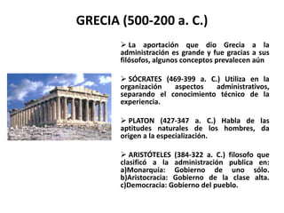 GRECIA (500-200 a. C.) 
 La aportación que dio Grecia a la 
administración es grande y fue gracias a sus 
filósofos, algunos conceptos prevalecen aún 
 SÓCRATES (469-399 a. C.) Utiliza en la 
organización aspectos administrativos, 
separando el conocimiento técnico de la 
experiencia. 
 PLATON (427-347 a. C.) Habla de las 
aptitudes naturales de los hombres, da 
origen a la especialización. 
 ARISTÓTELES (384-322 a. C.) filosofo que 
clasificó a la administración publica en: 
a)Monarquía: Gobierno de uno sólo. 
b)Aristocracia: Gobierno de la clase alta. 
c)Democracia: Gobierno del pueblo. 
 