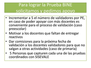 Para lograr la Prueba BINE
solicitamos y pedimos apoyo
• Incrementar a 5 el número de validadores por PE,
en caso de poder apoyar con más docentes es
conveniente para el proceso de validación (caso
preescolar)
• Motivar a los docentes que faltan de entregar
reactivos
• Dar comisiones para la próxima fecha de
validación a los docentes validadores para que no
salgan a otras actividades (caso de primaria)
• 5 Personas que capturen cada una de las pruebas
coordinados con SISEVALE
 