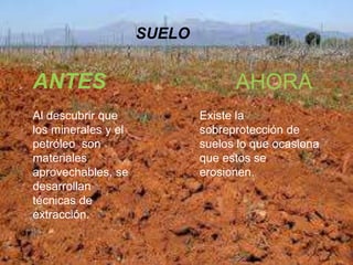 SUELO
ANTES AHORA
Al descubrir que
los minerales y el
petróleo son
materiales
aprovechables, se
desarrollan
técnicas de
extracción.
Existe la
sobreprotección de
suelos lo que ocasiona
que estos se
erosionen.
 