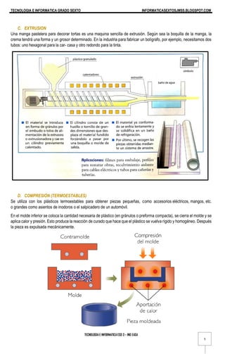 TECNOLOGIA E INFORMATICA GRADO SEXTO INFORMATICASEXTOSJMSS.BLOGSPOT.COM
TECNOLOGIA E INFORMATICA ESO 3 – ING EASA
5
C. EXTRUSION
Una manga pastelera para decorar tortas es una maquina sencilla de extrusión. Según sea la boquilla de la manga, la
crema tendrá una forma y un grosor determinado. En la industria para fabricar un bolígrafo, por ejemplo, necesitamos dos
tubos: uno hexagonal para la car- casa y otro redondo para la tinta.
D. COMPRESIÓN (TERMOESTABLES)
Se utiliza con los plásticos termoestables para obtener piezas pequeñas, como accesorios eléctricos, mangos, etc.
o grandes como asientos de inodoros o el salpicadero de un automóvil.
En el molde inferior se coloca la cantidad necesaria de plástico (en gránulos o preforma compacta), se cierra el molde y se
aplica calor y presión. Esto produce la reacción de curado que hace que el plástico se vuelva rígido y homogéneo. Después
la pieza es expulsada mecánicamente.
 