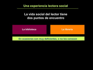 Una experiencia lectora social 1 La vida social del lector tiene dos puntos de encuentro La biblioteca La librería En ocasiones son muy deficientes, o no los conocen 