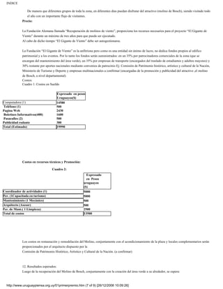 INDICE

                De manera que diferentes grupos de toda la zona, en diferentes días puedan disfrutar del atractivo (molino de Bosch), siendo visitado todo
                el año con un importante flujo de visitantes.
             Precio:

             La Fundación Alemana llamada “Recuperación de molinos de viento”, proporciona los recursos necesarios para el proyecto “El Gigante de
             Viento” durante un máximo de tres años para que pueda ser ejecutado.
             Al cabo de dicho tiempo “El Gigante de Viento” debe ser autogestionarse.

             La Fundación “El Gigante de Viento” es la anfitriona pero como es una entidad sin ánimo de lucro, no dedica fondos propios al edifico
             patrimonial y a los eventos. Por lo tanto los fondos serán suministrados: en un 35% por patrocinadores comerciales de la zona (que se
             encargan del mantenimiento del área verde), un 35% por empresas de transporte (encargados del traslado de estudiantes y adultos mayores) y
             30% restante por aportes nacionales mediante convenios de patrocinio Ej: Comisión de Patrimonio histórico, artístico y cultural de la Nación,
             Ministerio de Turismo y Deporte y empresas multinacionales a confirmar (encargadas de la promoción y publicidad del atractivo ,el molino
             de Bosch, a nivel departamental)
             Costos:
             Cuadro 1: Costos en Sueldo

                                      Expresado en pesos
                                      Uruguayos($)
Computadora (1)                       14580
Teléfono (1)                          500
Pagina Web                            2430
Boletines Informativos(400)           1600
Pasacalles (2)                        500
Publicidad rodante                    380
Total (Estimado)                      19990




             Costos en recursos técnicos y Promoción:

                                   Cuadro 2:
                                                            Expresado
                                                            en Pesos
                                                          uruguayos
                                                          ($)
Coordinador de actividades (1)                            5000
Per. (1Capacitada en turismo)                             5000
Mantenimiento (1 Mecánico)                                500
Arquitecto (Asesor)                                       500
Per. de Mant.( 1 Limpieza)                                2500
Total de costos                                           13500




             Los costos en restauración y remodelación del Molino, conjuntamente con el acondicionamiento de la plaza y locales complementarios serán
             proporcionados por el arquitecto dispuesto por la
             Comisión de Patrimonio Histórico, Artístico y Cultural de la Nación. (a confirmar)



             12. Resultados esperados:
             Luego de la recuperación del Molino de Bosch, conjuntamente con la creación del área verde a su alrededor, se espera:



  http://www.uruguaypiensa.org.uy/01primerpremio.htm (7 of 9) [26/12/2006 10:09:26]
 