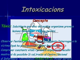 Intoxicacions Concepte Tòxic:   Substància que dins del nostre organisme provoca lesions inmediates o a llarg termini. Actuació Observar l’entorn per buscar tòxics causants - Interrogar a la  víctima (què ha pres,quantitat,quant fa,vomits,etc…) - Comprovar constants vitals i primera exploració - Recollir  mostra si és possible - Si cal,trucar al Centre Nacional  d’ Informació Toxicològica  (91)562-04-20 - Avisar serveis  mèdics o traslladar a l’hospital. 