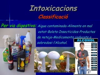 Intoxicacions Classificació Per via digestiva:   Aigua contaminada-Aliments en mal estat-Bolets-Insecticides-Productes de neteja-Medicaments caducats o sobredosi-l’Alcohol. 