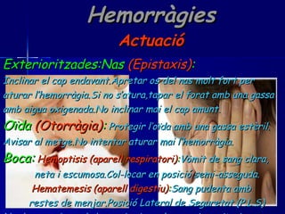Hemorràgies Actuació Exterioritzades:Nas  (Epistaxis) :  Inclinar el cap endavant.Apretar os del nas molt fort per  aturar l’hemorràgia.Si no s’atura,tapar el forat amb una gassa  amb aigua oxigenada.No inclinar mai el cap amunt. Oïda  (Otorràgia) :   Protegir l’oïda amb una gassa estèril. Avisar al metge.No intentar aturar mai l’hemorràgia. Boca:   Hemoptisis (aparell respiratori) : Vòmit de sang clara, neta i escumosa.Col-locar en posició semi-asseguda. Hematemesis (aparell digestiu) : Sang pudenta amb  restes de menjar.Posició Lateral de Seguretat (P.L.S) No donar mai res de beure i avisar als serveis sanitaris. 