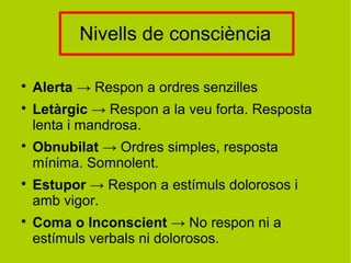 Nivells de consciència

Alerta → Respon a ordres senzilles

Letàrgic → Respon a la veu forta. Resposta
lenta i mandrosa.

Obnubilat → Ordres simples, resposta
mínima. Somnolent.

Estupor → Respon a estímuls dolorosos i
amb vigor.

Coma o Inconscient → No respon ni a
estímuls verbals ni dolorosos.
 