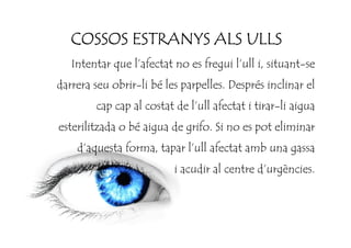 COSSOS ESTRANYS ALS ULLSCOSSOS ESTRANYS ALS ULLSCOSSOS ESTRANYS ALS ULLSCOSSOS ESTRANYS ALS ULLS
Intentar que l’afectat no es fregui l’ull i, situant-se
darrera seu obrir-li bé les parpelles. Després inclinar el
cap cap al costat de l’ull afectat i tirar-li aigua
esterilitzada o bé aigua de grifo. Si no es pot eliminaresterilitzada o bé aigua de grifo. Si no es pot eliminar
d’aquesta forma, tapar l’ull afectat amb una gassa
i acudir al centre d’urgències.
 