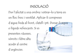 INSOLACIÓINSOLACIÓINSOLACIÓINSOLACIÓ
Dur l’afectat a una ombra i estirar-lo a terra en
un lloc fresc i ventilat. Aplicar-li compreses
d’aigua freda al front, clatell i pit. Donar-li aigua
o líquids refrescants. Si eso líquids refrescants. Si es
presenten nàusees,
vòmits i febre alta
acudir al centre
d’urgències.
 