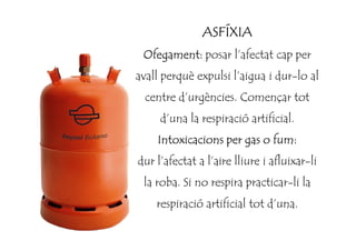 ASFÍXIAASFÍXIAASFÍXIAASFÍXIA
Ofegament:Ofegament:Ofegament:Ofegament: posar l’afectat cap per
avall perquè expulsi l’aigua i dur-lo al
centre d’urgències. Començar tot
d’una la respiració artificial.d’una la respiració artificial.
Intoxicacions per gas o fum:Intoxicacions per gas o fum:Intoxicacions per gas o fum:Intoxicacions per gas o fum:
dur l’afectat a l’aire lliure i afluixar-li
la roba. Si no respira practicar-li la
respiració artificial tot d’una.
 