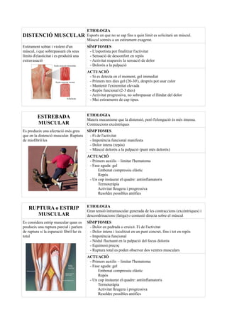 DISTENCIÓ MUSCULAR
ETIOLOGIA
Esports en que no se sap fins a quin límit es solicitarà un múscul.
Múscul sotmès a un estirament exagerat.
Estirament sobtat i violent d'un
múscul, i que sobrepassarà els seus
límits d'elasticitat i es produirà una
extravasació
SÍMPTOMES
- L'esportista pot finalitzar l'activitat
- Sensació de desconfort en repòs
- Activitat reapareix la sensació de dolor
- Dolorós a la palpació
ACTUACIÓ
- Si es detecta en el moment, gel immediat
- Primers tres dies gel (20-30'), després pot usar calor
- Mantenir l'extremitat elevada
- Repòs funcional (2-3 dies)
- Activitat progressiva, no sobrepassar el llindar del dolor
- Mai estiraments de cap tipus.
ESTREBADA
MUSCULAR
ETIOLOGIA
Mateix mecanisme que la distensió, però l'elongació és més intensa.
Contraccions excèntriques
Es produeix una afectació més greu
que en la distenció muscular. Ruptura
de miofibril·les
SÍMPTOMES
- Fi de l'activitat
- Impotència funcional manifesta
- Dolor intens (repòs)
- Múscul dolorós a la palpació (punt més dolorós)
ACTUACIÓ
- Primers auxilis – limitar l'hematoma
- Fase aguda: gel
Embenat compressiu elàstic
Repòs
- Un cop instaurat el quadre: antiinflamatoris
Termoteràpia
Activitat lleugera i progressiva
Resoldre possibles atròfies
RUPTURA o ESTRIP
MUSCULAR
ETIOLOGIA
Gran tensió intramuscular generada de les contraccions (excèntriques) i
descoodrinacions (fatiga) o contusió directa sobre el múscul
Es considera estrip muscular quan es
produeix una ruptura parcial i parlem
de ruptura si la esparació fibril·lar és
total
SÍMPTOMES
- Dolor en pedrada o cruixit. Fi de l'activitat
- Dolor intens i localitzat en un punt concret, fins i tot en repòs
- Impotència funcional
- Nòdul fluctuant en la palpació del focus dolorós
- Equimosi precoç
- Ruptura total es poden observar dos ventres musculars
ACTUACIÓ
- Primers auxilis – limitar l'hematoma
- Fase aguda: gel
Embenat compressiu elàstic
Repòs
- Un cop instaurat el quadre: antiinflamatoris
Termoteràpia
Activitat lleugera i progressiva
Resoldre possibles atròfies
 