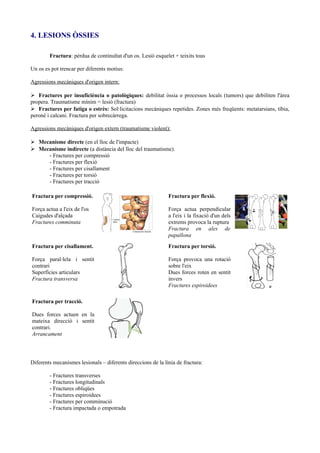4. LESIONS ÒSSIES
Fractura: pèrdua de continuïtat d'un os. Lesió esquelet + teixits tous
Un os es pot trencar per diferents motius:
Agressions mecàniques d'origen intern:
➢ Fractures per insuficiència o patològiques: debilitat òssia o processos locals (tumors) que debiliten l'àrea
propera. Traumatisme mínim = lesió (fractura)
➢ Fractures per fatiga o estrès: Sol·licitacions mecàniques repetides. Zones més freqüents: metatarsians, tíbia,
peroné i calcani. Fractura per sobrecàrrega.
Agressions mecàniques d'origen extern (traumatisme violent):
➢ Mecanisme directe (en el lloc de l'impacte)
➢ Mecanisme indirecte (a distància del lloc del traumatisme).
- Fractures per compressió
- Fractures per flexió
- Fractures per cisallament
- Fractures per torsió
- Fractures per tracció
Fractura per compressió.
Força actua a l'eix de l'os
Caigudes d'alçada
Fractures comminuta
Fractura per flexió.
Força actua perpendicular
a l'eix i la fixació d'un dels
extrems provoca la ruptura
Fractura en ales de
papallona
Fractura per cisallament.
Força paral·lela i sentit
contrari
Superfícies articulars
Fractura transversa
Fractura per torsió.
Força provoca una rotació
sobre l'eix
Dues forces roten en sentit
invers
Fractures espiroidees
Fractura per tracció.
Dues forces actuen en la
mateixa direcció i sentit
contrari.
Arrancament
Diferents mecanismes lesionals – diferents direccions de la línia de fractura:
- Fractures transverses
- Fractures longitudinals
- Fractures obliqües
- Fractures espiroidees
- Fractures per comminució
- Fractura impactada o empotrada
 