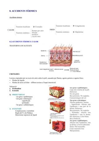 8. ACCIDENTS TÈRMICS
Accidents tèrmics
8.2.ACCIDENTS TÈRMICS: CALOR
TRASTORNS LOCALITZATS
CREMADES
Lesions originades per un excés de calor sobre la pell, causades per flames, agents químics o agents físics.
– Pèrdua de líquids
– Pèrdua de teixit cel·lular – allibera toxines a l'espai intersticial
Valoració:
1. Profunditat
2. Extensió
1) PROFUNDITAT
· 1er grau o epidèmiques
· 2on grau o dèrmiques
· superficials
· profundes
· 3er grau o subdèrmiques
2) EXTENSIÓ
Complicacions i mortalitat
Regla del 9 o de Wallace
Determinar reposició de líquid
CALOR FRED
Trastorns localitzats Cremades
Trastorns sistèmics
Rampes per calor
Síncope
Insolació
Cop de calor
Trastorns localitzats Congelacions
Trastorns sistèmics Hipotèrmia
1er grau o epidèmiques.
Capa més externa de la pell.
Doloroses
No són greus
Bon pronòstic. No seqüeles.
Característiques del sol
2on grau o dèrmiques
Afecten epidermis i derma.
- Superficials: Afecten tota
l'epidermis i una part de la
derma. Doloroses.
Bon pronòstic. No seqüeles
- Profundes: Afecten tota
l'epidermis i tota la derma.
Poc doloroses. Color blanc.
Risc d'infecció
3er grau o epidèmiques.
Afecten tota l'epidermis, tota
la derma i el teixit subcutani.
Dolor. Pell insensible.
Color marronós fosc
Mal pronòstic.
 