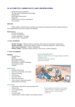 10. ACCIDENTS CARDIOVASCULARS I RESPIRATORIS
Síncope per causes circulatòries
Xoc hipovolèmic (deshidratació/hemorràgia)
Hipoglucèmia
Hemorràgia interna/externa
Ofegament
Obstrucció de la via aèria, ennuegament
Crisi asmàtica
SÍNCOPE
Pèrdua sobtada i transitòria de la consciència provocada per una disminució del flux sanguini cerebral. Es
resol espontàniament sense deixar seqüeles neurològiques.
Diferenciem en:
a) causes circulatòries
b) causes neurològiques
c) causes psíquiques – la histèria
d) altres causes – hipoglucèmia
a. Causes circulatòries
Síncope vasovagal – ambients calorosos, situacions estrés, alteracions emocionals, traumatismes...
Síncope ortostàtica – incorporacions ràpides, pacients convalescents, hipotensió, efectes de fàrmac
Altres causes circulatòries – anèmies, deshidratació.
Síncope cardíaca – patologia cardíaca (arrítmies, IAM, lesions valvulars, bloquejos)
b. Causes neurològiques
Epilèpsia:
Caiguda brusca
Rigidesa
Inici de convulsions
Mossegades a la llengua
Inconsciència i respiració esbufegant
Inconsciència urinària
Amnèsia
SÍMPTOMES
– Debilitat, falta de força
– Suor freda, pell pàl·lida, nerviosisme
– Nàusees i/o mareig
– Visió borrosa
– Pols ràpid i dèbil
– Pèrdua de consciència
– Casos extrems o situacions especials
poden aparèixer convulsion
ACTUACIÓ
– Estirar panxa a dalt amb les cames aixecades (45º)
– Afluixar roba
– Evitar aglomeracions
– Aire fresc
– No donar líquids
– Tranquil·litzar la víctima i ajudar a seure progressivament
ACTUACIÓ ESPECÍFICA
- Deixar-lo estirat al terra, on no pugui colpejar-se amb res.
- Afluixar la roba
- Introduir un mocador a la boca
- Deixar convulsionar
Si no recupera la consciència en uns minuts:
...Obrir vies aèries i comprovar respiració
...Preparar-se per si cal iniciar RCP
...Avisar 112
 