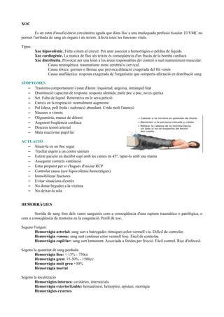 XOC
És un estat d'insuficiència circulatòria aguda que dóna lloc a una inadequada perfusió tissular. El VMC no
permet l'arribada de sang als òrgans i als teixits. Afecta totes les funcions vitals.
Tipus:
Xoc hipovolèmic. Falta volum al circuit. Pot anar associat a hemorràgies o pèrdua de líquids.
Xoc cardiogènic. La manca de flux als teixits és conseqüència d'un fracàs de la bomba cardíaca
Xoc distributiu. Provocat per una lesió a les àrees responsables del control o mal manteniment muscular.
Causa neurogènica: traumatisme tronc cerebral o cervical.
Causa tòxica: germen o fàrmac que provoca dilatació exagerada del llit venós
Causa anafilàctica: resposta exagerada de l'organisme que comporta afectació en distribució sang
SÍMPTOMES
– Trastorns comportament i estat d'ànim: inquietud, angoixa, intranquil·litat
– Disminució capacitat de resposta: resposta alentida, parla poc a poc, no es queixa
– Set. Falta de líquid. Reiterativa en la seva petició
– Canvis en la respiració: normalment augmenta
– Pal·lidesa, pell freda i sudoració abundant. Crida molt l'atenció
– Nàusees o vòmits
– Oligoanúria, manca de diüresi
– Augment freqüència cardíaca
– Descens tensió arterial
– Mala reactivitat pupil·lar
ACTUACIÓ
– Situar-la en un lloc segur
– Trasllat urgent a un centre sanitari
– Estirar pacient en decúbit supí amb les cames en 45º, tapar-lo amb una manta
– Assegurar correcta ventilació
– Estar preparat per si s'hagués d'iniciar RCP
– Controlar causa (xoc hipovolèmic-hemorràgies)
– Immobilitzar fractures
– Evitar situacions d'estrés
– No donar begudes a la víctima
– No deixar-la sola
HEMORRÀGIES
Sortida de sang fora dels vasos sanguinis com a conseqüència d'una ruptura traumàtica o patològica, o
com a conseqüència de trastorns en la coagulació. Perill de xoc.
Segons l'origen:
Hemorràgia arterial: sang surt a batzegades rítmiques color vermell viu. Difícil de controlar.
Hemorràgia venosa: sang surt continua color vermell fosc. Fàcil de controlar.
Hemorràgia capil·lar: sang surt lentament. Associada a ferides per fricció. Fàcil control. Risc d'infecció
Segons la quantitat de sang perduda:
Hemorràgia lleu: < 15% - 750cc
Hemorràgia greu: 15-30% - 1500cc
Hemorràgia molt greu +30%
Hemorràgia mortal
Segons la localització
Hemorràgies internes: cavitàries, intersticials
Hemorràgia exterioritzable: hematèmesi, hemoptisi, epístasi, otorràgia
Hemorràgies externes
 