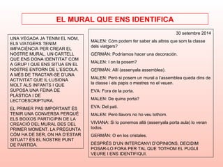 UNA VEGADA JA TENIM EL NOM,
ELS VIATGERS TENIM
IMPACIÈNCIA PER CREAR EL
NOSTRE MURAL. UN CARTELL
QUE ENS DONA IDENTITAT COM
A GRUP I QUE ENS SITUA EN EL
NOSTRE ENTORN DE L’ESCOLA.
A MÉS DE TRACTAR-SE D’UNA
ACTIVITAT QUE IL·LUSIONA
MOLT ALS INFANTS I QUE
SUPOSA UNA FEINA DE
PLÀSTICA I DE
LECTOESCRIPTURA.
EL PRIMER PAS IMPORTANT ÉS
TENIR UNA CONVERSA PERQUÈ
ELS BOIXOS PARTICIPIN DE LA
CREACIÓ DEL MURAL DES DEL
PRIMER MOMENT. LA PREGUNTA
CÓM HA DE SER, ON HA D’ESTAR
SITUAT? ÉS EL NOSTRE PUNT
DE PARTIDA.
EL MURAL QUE ENS IDENTIFICA
30 setembre 2014
MALEN: Cóm podem fer saber als altres que som la classe
dels viatgers?
GERMÁN: Podríamos hacer una decoración.
MALEN: I on la posem?
GERMÁN: Allí (assenyala assemblea).
MALEN: Però si posem un mural a l’assemblea queda dins de
la classe i els papis o mestres no el veuen.
EVA: Fora de la porta.
MALEN: De quina porta?
EVA: Del pati.
MALEN: Però llavors no ho veu tothom.
VIVIANA: Si lo ponemos allá (assenyala porta aula) lo veran
todos.
GERMÁN: O en los cristales.
DESPRÉS D’UN INTERCANVI D’OPINIONS, DECIDIM
POSAR-LO FORA PER TAL QUE TOTHOM EL PUGUI
VEURE I ENS IDENTIFIQUI.
 