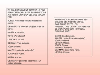 EN AQUEST MOMENT INTERVÉ LA FINA
PER COMENÇAR A FER ELS DIBUIXOS I
AIXÍ TENIR UNA IDEA DEL QUE VOLEM
FER.
JORDI: A nosotros con una maleta i un
coche.
GERMÁN: Y a todos en un globo. o en un
barco.
MARÍA: Y un avión.
TOTS: ¡Por el cielo!
LETICIA: Y un taxi.
GERMÁN: Y un autobús.
JÚLIA: Un tren.
MALEN: I què més podem fer?
JOANA: Las nubes.
NÚRIA: Y el sol.
GERMÁN: Y podemos posar fotos i un
viatger al costat.
TAMBÉ DECIDIM ENTRE TOTS ELS
COLORS DEL NOSTRE MURAL, I
PARLEM DE TOTES LES
POSSIBILITATS DE VIATJAR PER TOT
EL MÓN. PERÒ CÓM HO PODEM
DIBUIXAR AIXÒ?
DAVID: Con banderas.
MALEN: I quins llocs volem visitar?
JÚLIA: València.
LETICIA: Méjico.
JORDI: Eivissa.
VIVIANA: Rumanía.
GERMÁN: Disneyland París.
LETICIA: Florida.
 