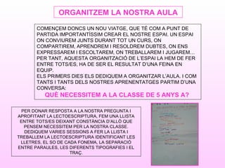 COMENÇEM DONCS UN NOU VIATGE, QUE TÉ COM A PUNT DE
PARTIDA IMPORTANTÍSSIM CREAR EL NOSTRE ESPAI. UN ESPAI
ON CONVIUREM JUNTS DURANT TOT UN CURS, ON
COMPARTIREM, APRENDREM I RESOLDREM DUBTES, ON ENS
EXPRESSAREM I ESCOLTAREM, ON TREBALLAREM I JUGAREM…
PER TANT, AQUESTA ORGANITZACIÓ DE L’ESPAI LA HEM DE FER
ENTRE TOTS/ES, HA DE SER EL RESULTAT D’UNA FEINA EN
EQUIP.
ELS PRIMERS DIES ELS DEDIQUEM A ORGANITZAR L’AULA. I COM
TANTS I TANTS DELS NOSTRES APRENENTATGES PARTIM D’UNA
CONVERSA:
QUÈ NECESSITEM A LA CLASSE DE 5 ANYS A?
ORGANITZEM LA NOSTRA AULA
PER DONAR RESPOSTA A LA NOSTRA PREGUNTA I
APROFITANT LA LECTOESCRIPTURA, FEM UNA LLISTA
ENTRE TOTS/ES DEIXANT CONSTÀNCIA D’ALLÒ QUE
PENSEM NECESSITEM PER LA NOSTRA CLASSE.
DEDIQUEM VARIES SESSIONS A FER LA LLISTA I
TREBALLEM LA LECTOESCRIPTURA IDENTIFICANT LES
LLETRES, EL SO DE CADA FONEMA, LA SEPARACIÓ
ENTRE PARAULES, LES DIFERENTS TIPOGRAFIES I EL
TRAÇ.
 