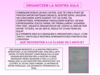 COMENÇEM DONCS UN NOU VIATGE, QUE TÉ COM A PUNT DE
PARTIDA IMPORTANTÍSSIM CREAR EL NOSTRE ESPAI. UN ESPAI
ON CONVIUREM JUNTS DURANT TOT UN CURS, ON
COMPARTIREM, APRENDREM I RESOLDREM DUBTES, ON ENS
EXPRESSAREM I ESCOLTAREM, ON TREBALLAREM I JUGAREM…
PER TANT, AQUESTA ORGANITZACIÓ DE L’ESPAI LA HEM DE FER
ENTRE TOTS/ES, HA DE SER EL RESULTAT D’UNA FEINA EN
EQUIP.
ELS PRIMERS DIES ELS DEDIQUEM A ORGANITZAR L’AULA. I COM
TANTS I TANTS DELS NOSTRES APRENENTATGES PARTIM D’UNA
CONVERSA:
QUÈ NECESSITEM A LA CLASSE DE 5 ANYS B?
ORGANITZEM LA NOSTRA AULA
PER DONAR RESPOSTA A LA NOSTRA PREGUNTA I
APROFITANT LA LECTOESCRIPTURA, FEM UNA LLISTA
ENTRE TOTS/ES DEIXANT CONSTÀNCIA D’ALLÒ QUE
PENSEM NECESSITEM PER LA NOSTRA CLASSE.
DEDIQUEM VARIES SESSIONS A FER LA LLISTA I
TREBALLEM LA LECTOESCRIPTURA IDENTIFICANT LES
LLETRES, EL SO DE CADA FONEMA, LA SEPARACIÓ
ENTRE PARAULES, LES DIFERENTS TIPOGRAFIES I EL
TRAÇ.
 