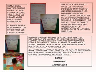 COM JA SABEU
D’ALTRES CURSOS,
LA TRIA DEL NOM
SUPOSA UN LLARG
TREBALL QUE ELS
INFANTS VIUEN
AMB IL·LUSSIÓ I
GRAN EMOCIÓ.
EL PRIMER PAS ÉS
POSAR DAMUNT UN
PAPER TOTES LES
IDEES QUE TENEN
DESPRÉS D’AQUEST TREBALL DE RAONAMENT, FEM JA LA
PRIMERA VOTACIÓ. AFERREM A LA PISSARRA LES IMATGES
PERQUÈ ELS INFANTS TINGUIN A L’ABAST DE MANERA MOLT
VISUAL CADA UNA DE LES IDEES I, CADA NEN I NENA SURT A
POSAR UNA RATLLA AL DIBUIX QUE VOL.
QUAN TOTS/ES HAN VOTAT, COMPTEM LES RATLLES QUE TÉ CADA
UNA DE LES IMATGES PER DECIDIR QUINES SÓN LES TRES
OPCIONS MÉS VOTADES. I EL RESULTAT ÉS…
BORNS 11
DINOSAURIS 7
ARQUEÒLEGS 6
UNA VEGADA HEM RECULLIT
TOTES LES PROPOSTES,
CONSIDERO IMPORTANT FER
UNA REFLEXIÓ DAMUNT LES
POSIBILITATS DE NOMS
APORTADES PELS BOIXOS, PER
TAL DE CONSIDERAR ELS QUE
REALMENT HO PODEN SER I ELS
QUE NO, TENINT EN COMPTE
TAMBÉ ELS NOMS QUE ENS
PODEN APORTAR UN
APRENENTATGE AL LLARG DEL
CURS O NO.
 