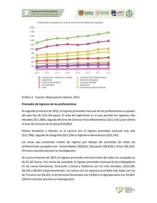 Gráfica 1. Fuente: Observatorio Laboral, 2012
Promedio de ingresos de los profesionistas
Al segundo trimestre de 2012, el ingreso promedio mensual de los profesionistas ocupados
del país fue de $10,124 pesos. El área de Ingenierías es la que percibe los ingresos más
elevados ($11,400), seguida del área de Ciencias Físico Matemáticas ($11,132) y por último
el área de Ciencias de la Salud ($10,862).
Pilotos Aviadores y Navales es la carrera con el ingreso promedio mensual más alto
($21,790), seguida de Geografía ($21,234) e Ingeniería Aeronáutica ($21,145).
Las áreas que presentan niveles de ingreso por debajo del promedio de todos los
profesionistas ocupados son: Humanidades ($8,652), Educación ($8,450) y Artes ($8,156).
(Primera consulta durante la investigación)
Al cuarto trimestre de 2013, el ingreso promedio mensual (neto) de todos los ocupados es
de $5,167 pesos. Por ramas de actividad, el ingreso promedio mensual de los trabajadores
en las ramas Extractivas, Educación y Salud y Gobierno son los más elevados, ($10,100,
$8,220 y $8,053 respectivamente). Las ramas con los ingresos promedio más bajos son las
de Turismo con $4,343, la de Servicios Personales con $3,843 y el Agropecuario con $2,843.
(Última consulta durante la investigación)
 