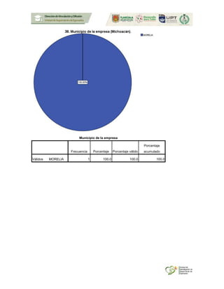 Municipio de la empresa
Frecuencia Porcentaje Porcentaje válido
Porcentaje
acumulado
Válidos MORELIA 1 100.0 100.0 100.0
 