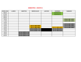 SEMESTRE I - GRUPO G
HORA INC LUNES MARTES MIERCOLES JUEVES VIERNES SABADO
06:30 CONTEXTO
07:30 CONTEXTO
08:30
09:30
10:30 22340 G6E 305D
11:30 22340 G6E 305D
12:30
13:30 22132 G6E 306D
14:30 22131 G6E 405F 22132 G6E 306D
15:30 22131 G6E 405F 22131 G6E 405F 22132 G6E 306D
16:30 22132 G25E 411B 22132 G6E 607A
17:30 22132 G25E 411B 22132 G6E 607A
18:30 22132 G25E 411B
19:30 22132 G25E 411B
20:30 22132 G25E 411B
 